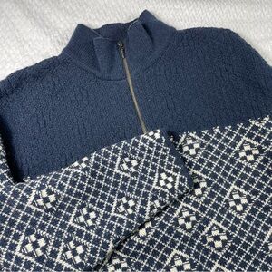 Devold 1853 by Olmes Carretti Blue And Cream 1/4 Zip 100% Wool Sweater Size XL